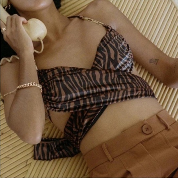 NWT princess polly brown animal print dance till dawn crop bandeau tie top 4 - Picture 1 of 8
